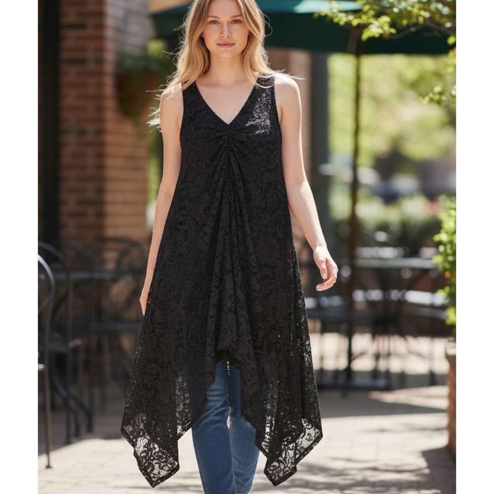 Gracia Lace Tunic Top Small Gray Handkerchief Hem Sheer Sleeveless Festival Boho